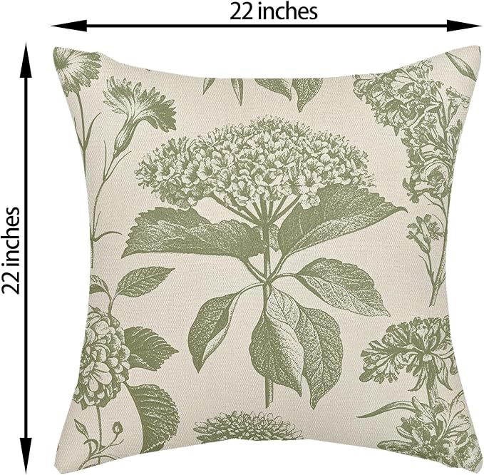 Sage Green Pillow Covers 22x22 Inch 2 Pcs Boho Vintage Floral Decor Throw Pillows Hydrangea Flower Seasonal Outdoor Farmhouse Neutral Accent Decoration Pillowcase Linen Cushion Cover for Sofa