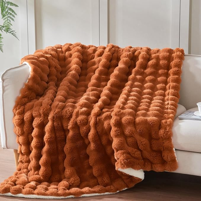 50x60 Inches Ultra-Soft Fuzzy Faux Fur Plush Throw Blanket - Thick, Warm Sherpa for Couch, Sofa, Bedroom, Camping - Decorative Blanket for Cozy Warmth, Bubble Rust
