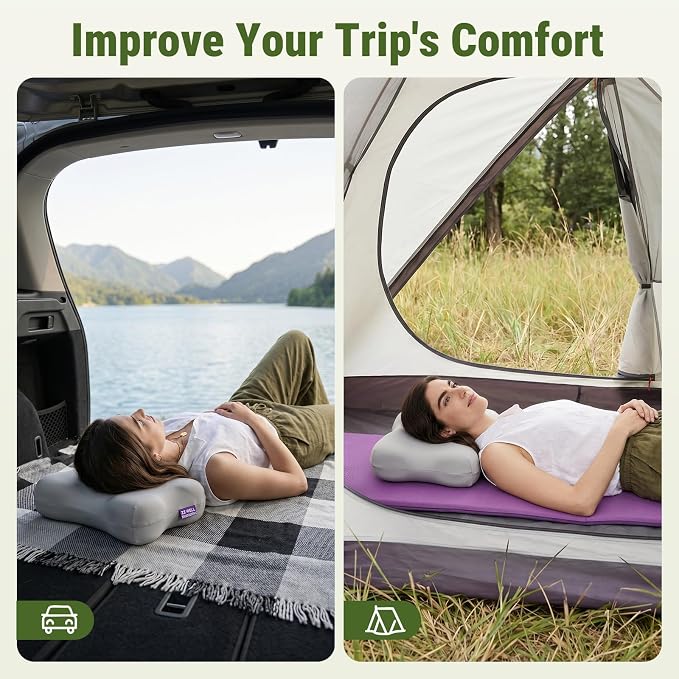 ZZ-WELL Neck Pillow for Sleeping - Memory Foam Pillows with Portable Storage Bag, Cooling Pillowcase - Soft Sleeping Pillow for Side Back Sleepers on Bed, Camping, Travel Size (Grey)