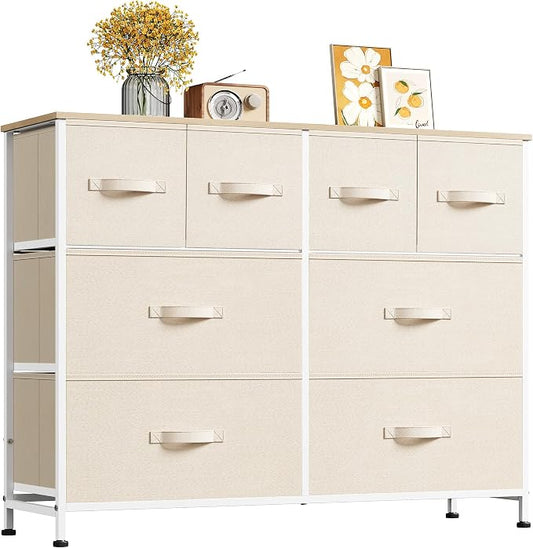 WLIVE Wide Dresser for Bedroom, 8 Drawer Chest of Drawers, Cream White | 8 roomy fabric drawers, Wide storage design, Bedroom or closet use, Sturdy steel frame, Smooth wood tabletop
