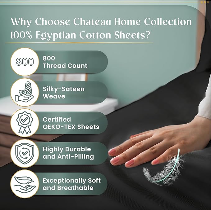 100% Cotton King Size Sheets Set, 4 Piece Sheet & Pillowcase Sets -Charcoal | 800 Thread Count, Sateen Weave, Hotel Luxury King Sheet Set, 15" Deep Pocket, Buttery Soft, Cool & Breathable Cotton Sheets