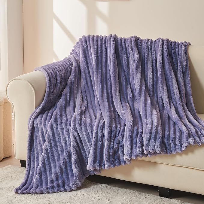 NEWCOSPLAY Fleece Ribbed Cozy Twin Blanket for Couch, Lavender, 60"x80" | Premium Silky Flannel Blanket, Soft Lightweight Fluffy Throw Blanket for Bed Sofa Decor, Gift for All Season Use