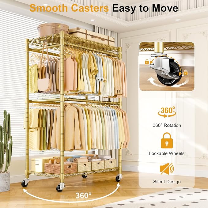 Rolling Clothes Rack, Clothing Racks for Hanging Clothes, Gold | P4 Plus Heavy Duty Garment Rack with Wheels, Free Standing Portable Closet Racks 45''W × 20.5''D × 80.5''H, Max Load 570 Lbs