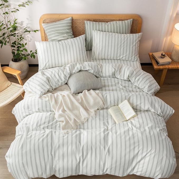 BESTOUCH Striped Cotton Duvet Cover Set Linen Feel Alaska King | 100% Washed Cotton, Soft Wrinkle Texture, Hidden Zipper, 8 Ties, Breathable Lightweight Durable Comfy, 3 Pcs No Insert
