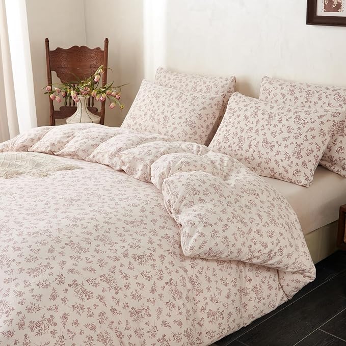 Floral Queen Size Comforter Set Soft 3 Pieces Chic Garden Style Vintage Floral Print Botanical Comforter for All Seasons Luxury Warmth Comfy Breathable with 2 Pillowcases