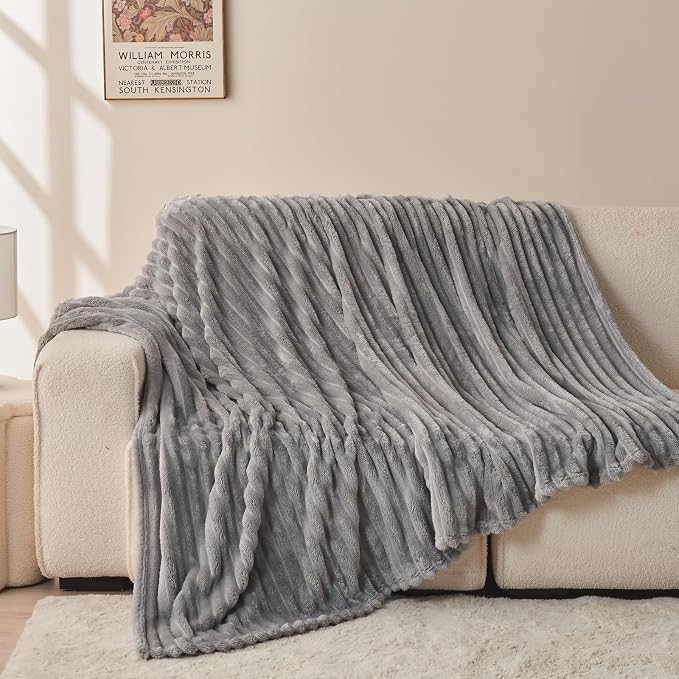NEWCOSPLAY Fleece Ribbed Cozy Twin Blanket for Couch, Light Grey, 60"x80" | Premium Silky Flannel Blanket, Soft Lightweight Fluffy Throw Blanket for Bed Sofa Decor, Gift for All Season Use
