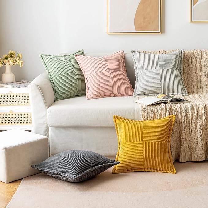 MIULEE Decorative Lumbar Throw Pillow Covers 12x20 Inch Mustard Yellow | 2 Pack, Boho Broadside Striped Patchwork Pillow Covers, Soft Corduroy Cushion Cases, For Couch Sofa Bed Livingroom Home Decor