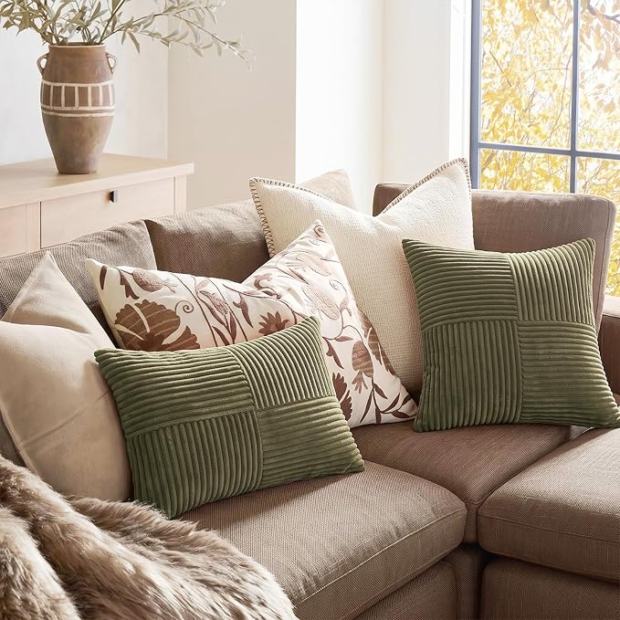 Fancy Homi 2 Packs Olive Green Lumbar Decorative Throw Pillow Covers 12x20 Inch for Living Room Couch Bed, Farmhouse Boho Home Decor, Soft Striped Corduroy Rectangle Accent Cushion Case 30x50 cm