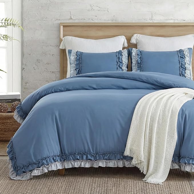 Blue Ruffle Duvet Cover Set Shabby Chic Boho Bedding King Elegant Lace Fringe Ruffled Bedding Super Soft Lightweight All Season Duvet Cover with Pillowcases