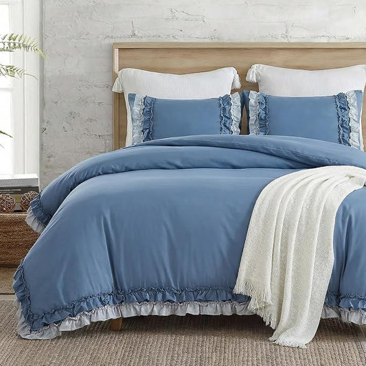 Blue Ruffle Duvet Cover Set Shabby Chic Boho Bedding King Elegant Lace Fringe Ruffled Bedding Super Soft Lightweight All Season Duvet Cover with Pillowcases