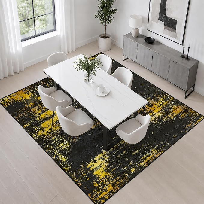 Area Rug Living Room: 4x4 Modern Washable Soft Carpet Black Gold | For Bedroom Dining Room Farmhouse Nursery Hallway Office,Modern Abstract,Machine washable,Non-Slip,Stain Resistant,Indoor
