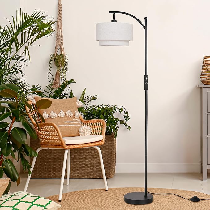 SUNMORY Arc Floor Lamps for Living Room with 12W Remote and Dimmable Bulb | Modern Floor Lamps with Adjustable Double Fabric Shades Shades, LED Lamp, Boho Standing Lamp for Bedroom, Corner, Home Decor