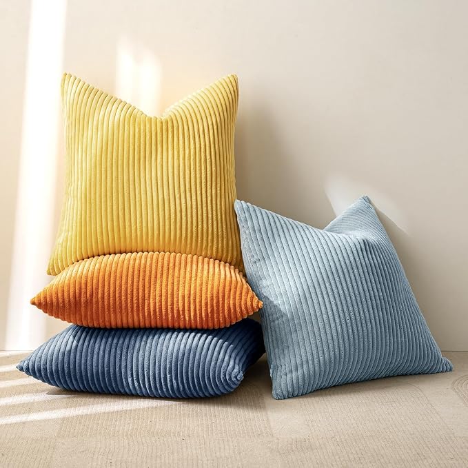 MIULEE Soft Corduroy Decorative Throw Pillow Covers Blue-Orange 20x20 | Set of 4, Mordern Nordic Coastal Decor, Summer Sky Wheat Set, Boho Farmhouse Cushion Covers for Couch Bed Sofa Living Room