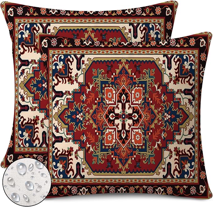 Outdoor Waterproof Pillow Covers 18x18 Inch Red Floral Bohemian Vintage Carpet Pattern Ethnic Design Decorative Farmhouse Cushion Cases for Sofa Couch Garden Balcony Set of 2