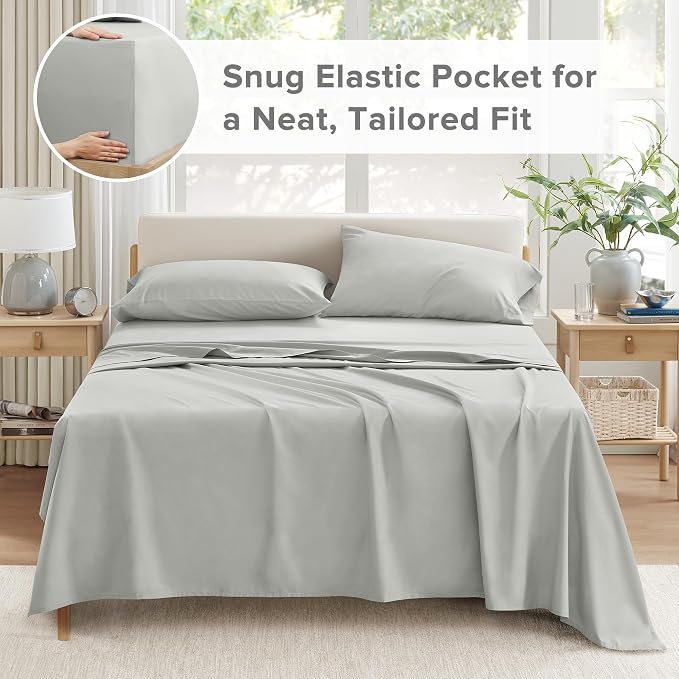 Comfort Spaces 100% Cotton Percale Sheets King Extra Deep Pocket, 4 Pcs | Crisp, Cool & Breathable Bed Sheets, 22" Deep Pocket Fits Up to 24" Mattress, Lightweight, All Season Cozy, Grey