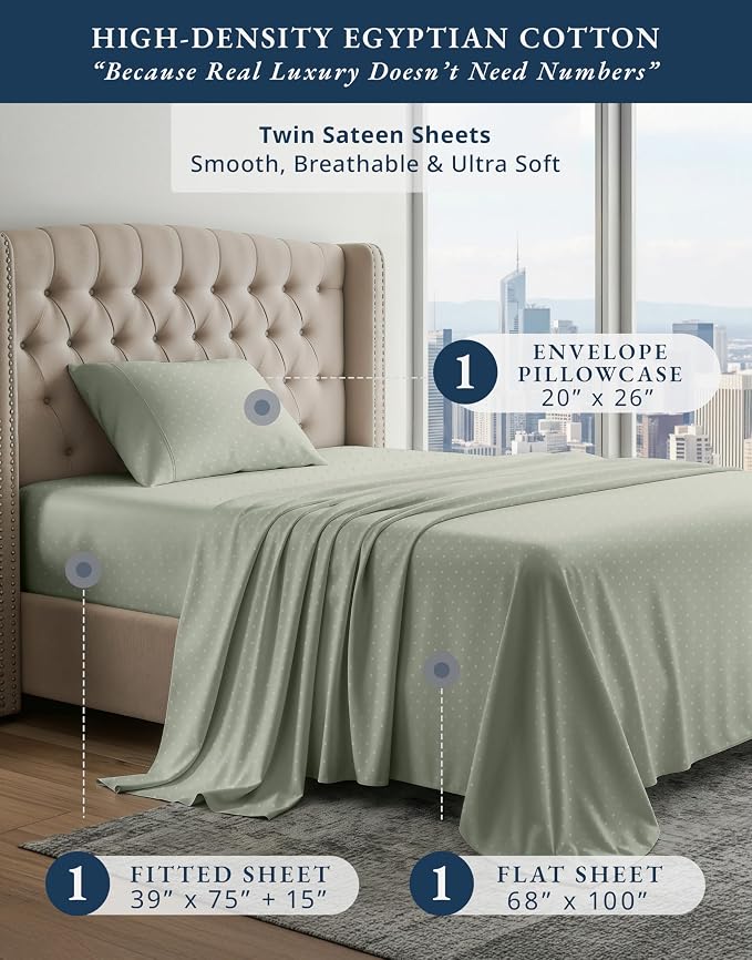 LANE LINEN Twin Mattress Sheets 100% Egyptian Cotton Sateen - Mineral | Twin Bed Sheets For Girls - 3-Piece Set, Ideal For Dorms And Guest Beds, For A Luxurious Night's Sleep, Luxe Sheen