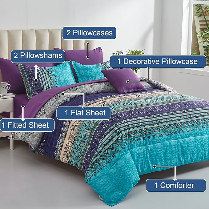 Cottolester Boho Comforter Set Full Size 8 Piece Bed in a Bag Bohemian Striped Bedding Quilt Set Aqua Paisley Floral Comforter and Sheet Set,Soft Microfiber Complete Bedding Sets for All Season