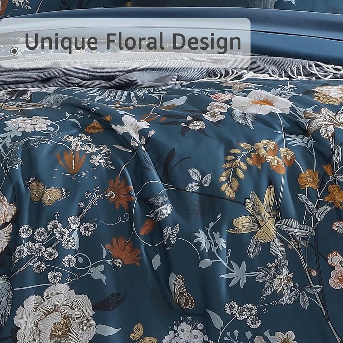 King Size Comforter Set- 7 Pieces Blue Floral Bed in a Bag King Bedding Set | All Season Botanical Texture Flowers Comforter Set with Sheets, Pillowcases & Shams