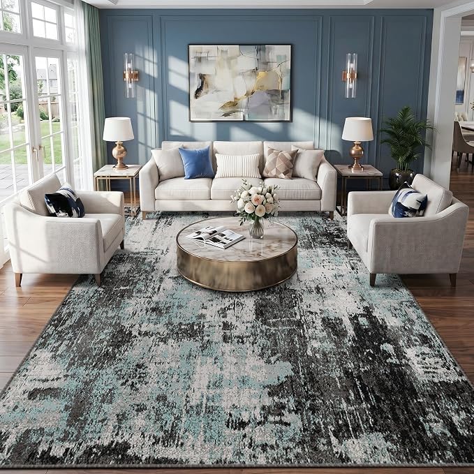 RELEANY Washable 10'x14' Abstract Area Rug for Living Room Teal Black | Carpet for Bedroom, Kitchen, Office, Hallway and Entryway, Printed Pattern, Non‑Slip, Soft, Stain‑Resistant, Easy to Clean