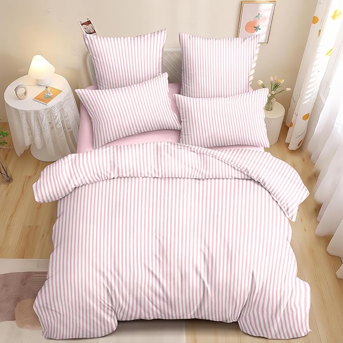 Nayoroom Pink White Striped Duvet Cover Set Queen | Coquette Modern Farmhouse, Dorm Bedding, Soft Breathable Washed Microfiber, All-Season Comfort, Hidden Zipper, 4 Corner Ties