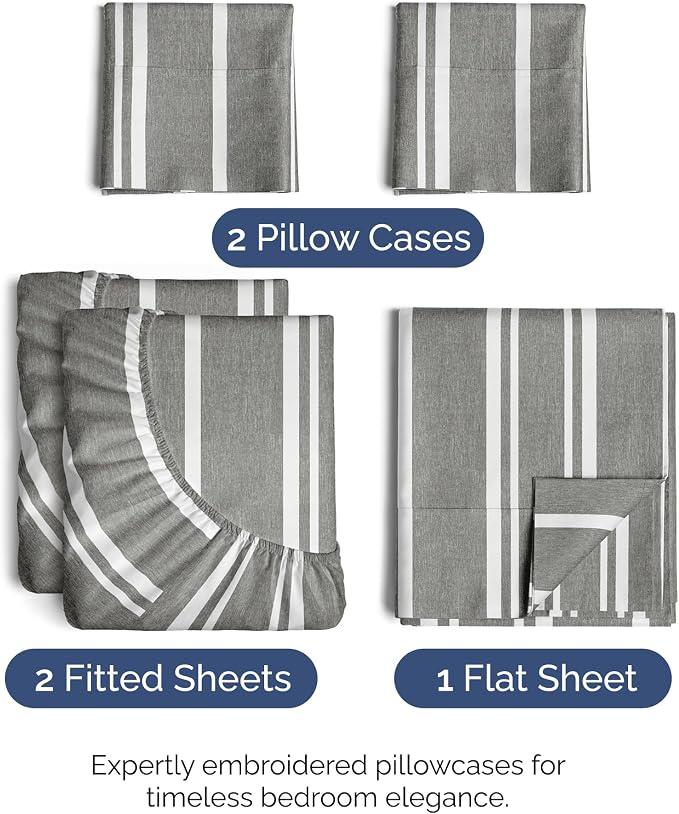 Split King Size 5 Piece Sheet Set - Breathable & Cooling - Grey Stripes | Hotel Luxury Bed Sheets for Women & Men, Deep Pockets, Easy-Fit, Comfy, Soft and Wrinkle Free Sheets, Oeko-Tex Bed Sheet Set