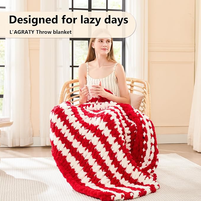 L'AGRATY Chunky Knit Throw Blanket for Couch, 40 x 50 Inches, Red White | Handmade Chenille Crochet Blanket for Sofa Bed, Thick Cable Knitted Blankets for Room Home Decor, Birthday Gift for Women Mom