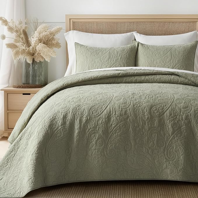 EVERGRACEHOME 100% Cotton Paisley Quilt Set, Queen Size, Light Sage Green | Prewashed for Softness, Year-Round Breathability, Gift-Ready Box, Matelasse-style Quilted Coverlet, 3 Piece Set with 2 Shams