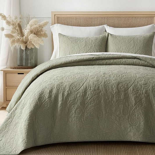 EVERGRACEHOME 100% Cotton Paisley Quilt Set, Queen Size, Light Sage Green | Prewashed for Softness, Year-Round Breathability, Gift-Ready Box, Matelasse-style Quilted Coverlet, 3 Piece Set with 2 Shams