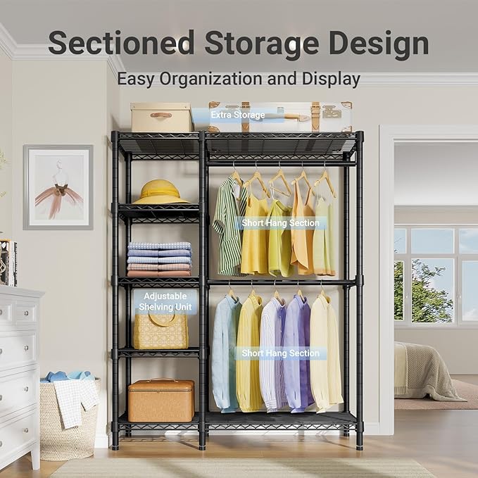 VIPEK V7 Clothes Rack with Shelves Heavy duty Closet for Hanging Clothes | 5 Tiers Adjustable Wire Shelving, Double Hanging Rods, 670lbs Metal Closet System, Space-Saving Storage for Home, Black