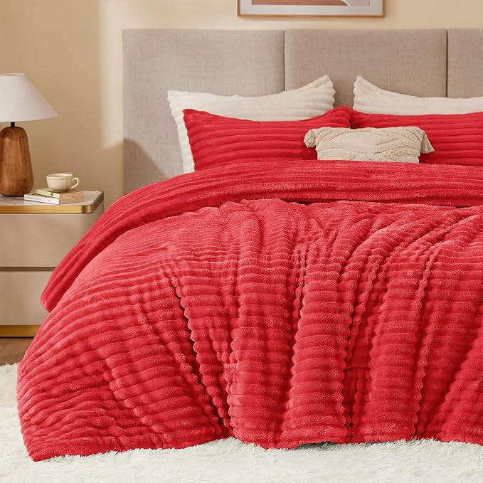 BEDELITE Fleece Twin/Twin XL Comforter Set, Fluffy Bed Set, Red | Super Soft & Warm Bedding, Luxury Fuzzy Faux Fur Comforter for Winter, Heavy Plush Bedding, with 1 Pillowcase