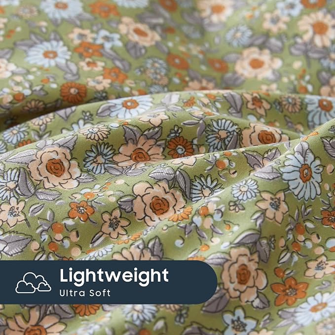 Wake In Cloud - Floral Duvet Cover Set, Cute Vintage Flower Cottagecore Aesthetic for Women Teen Girls, Soft Lightweight Bedding, 3-Piece, Olive Green, Full Size