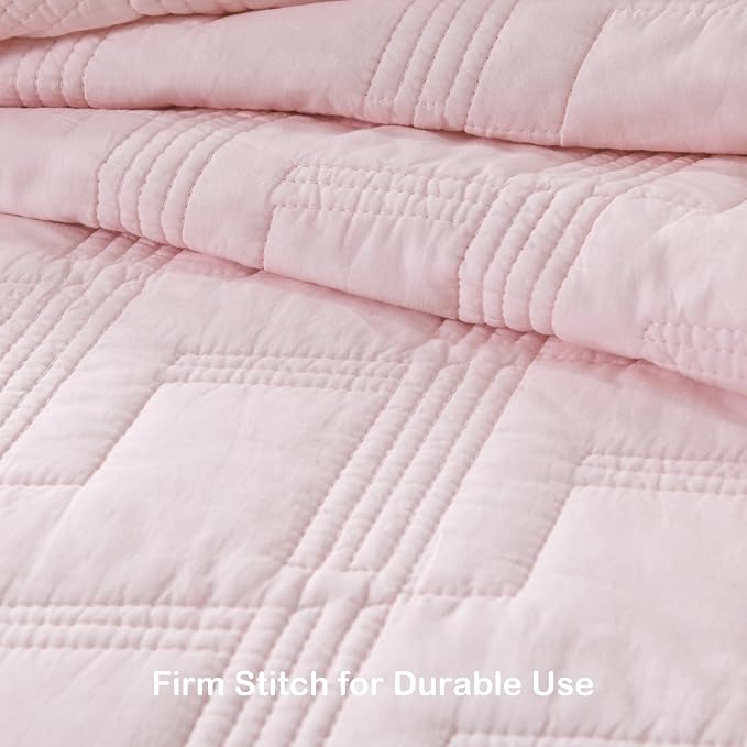 HORIMOTE HOME 100% Cotton Quilt Set Queen Size, Light Pink Pre-Washed 3-Piece Bedspread Coverlet Set, Cozy Lightweight Stitching Bedding Cover with 2 Shams in Geometric Pattern for All Season