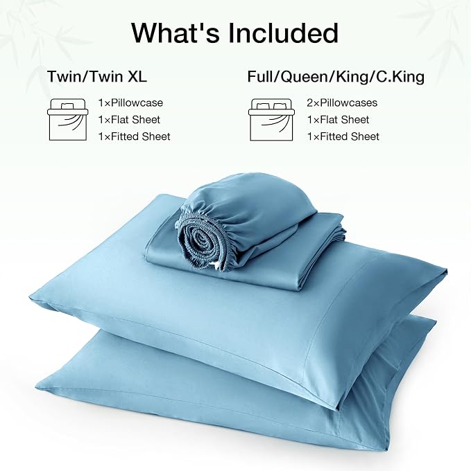 Love's cabin 4 Piece Full Size Sheet Set, 100% Rayon Derived from Bamboo, Cooling & Breathable, Soft Silky Deep Pocket up to 16", Hotel Luxury Bedding for Hot Sleepers, Light Blue