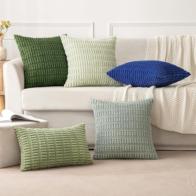MIULEE Corduroy Decorative Throw Pillow Covers 20x20 Moss Green Pack of 2 | Soft Boho Striped Pillow Covers Modern Farmhouse Home Decor For Sofa Living Room Couch Bed