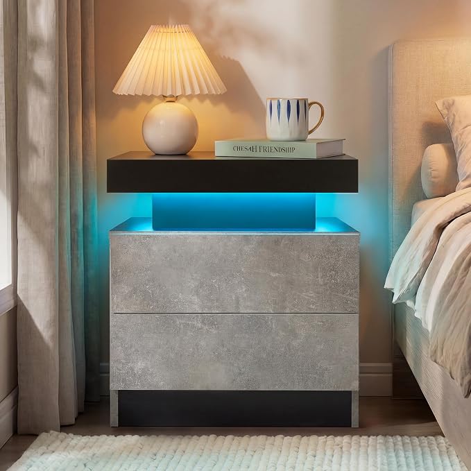 i-aplus Gray Modern LED Nightstand Set of 2 with 2 Wood Drawer for Bedroom | Nightstands with App-Controlled RGB LED Lights, Night Stand with Storgae Drawer, Modern Bedside Table for Bedroom