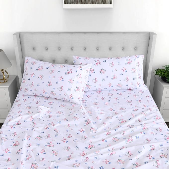 RUVANTI 100% Cotton Percale Sheets Split King Size, Funa Flora | Crisp Cooling, Deep Pocket 16", Soft Breathable & Durable, Hotel-Style, 5 Piece Set