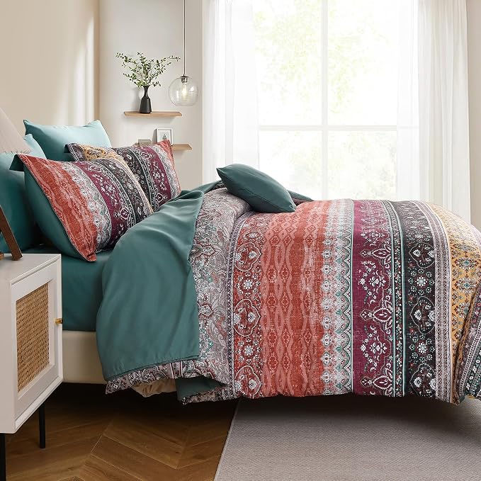 Cottolester Boho Full Comforter Set 8 Pieces,Orange and Green Bohemian Striped Bed in a Bag, Paisley Soft Microfiber Bedding Comforter Set