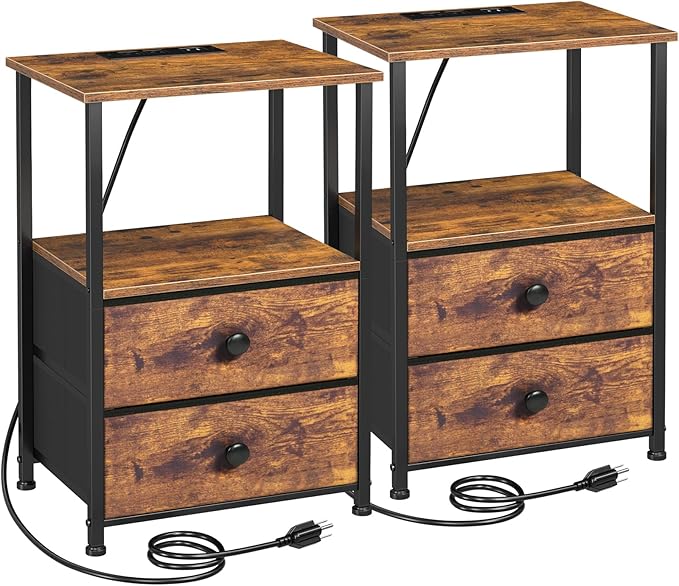 Nightstands Set of 2, Night Stand with Charging Station | Bedside Table with 2 Fabric Drawers for Bedroom, End Tables with Storage Shelf for Small Spaces, Rustic Brown