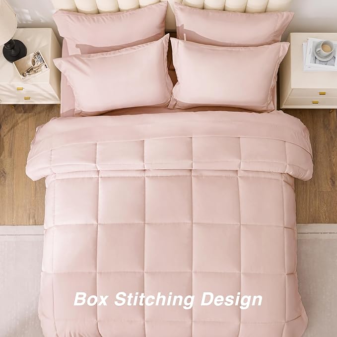 Love's cabin Full Comforter Set Blush Pink, 7 Pieces Full Bed in a Bag, All Season Bedding Sets with 1 Comforter, 1 Flat Sheet, 1 Fitted Sheet, 2 Pillowcase and 2 Pillow Sham