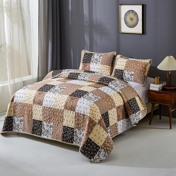 Mybedsoul Brown Quilt California King, Patchwork Floral Bedding Set | Soft Lightweight Microfiber Coverlet Set,3 Pieces Plaid Reversible Bedspread, Bed Sets for All Seasons 110"x96"