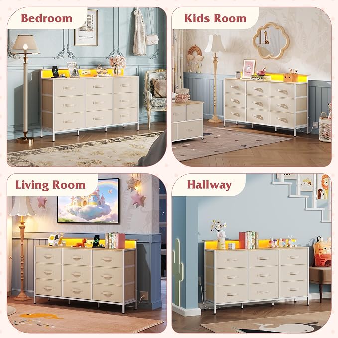 WLIVE Dresser TV Stand 9 Drawers, Fabric Chest of Drawers LED Lights, Cream | Cream 9-drawer dresser TV stand fits 55in TV with RGB LED lights and charging station, fabric media console for living room