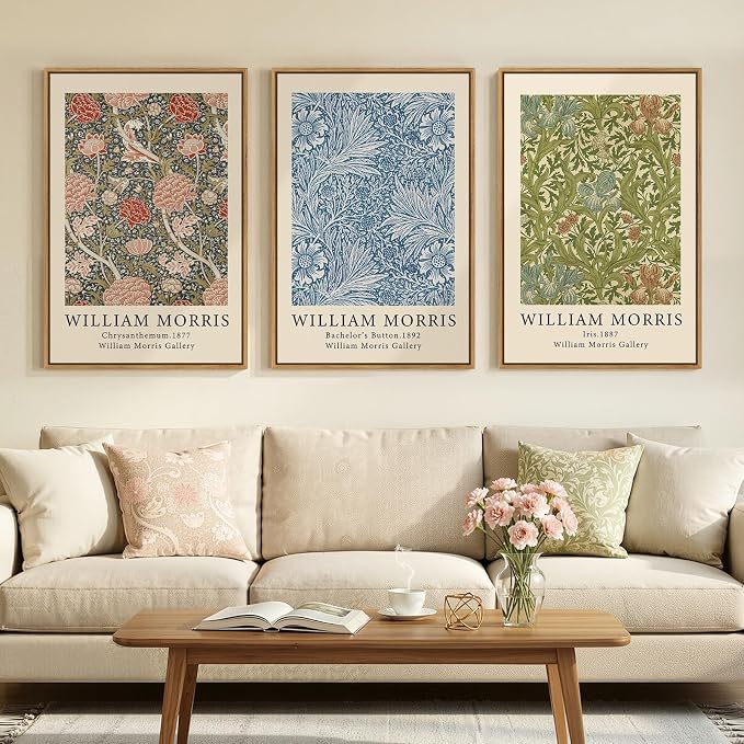 Large Framed Green William Morris Botanical Floral Wall Art, Set of 3 | Vintage, Canvas prints, Retro classic, Natural pattern, 30x60 inch, Living room, Bedroom, Dining room, Hallway decor