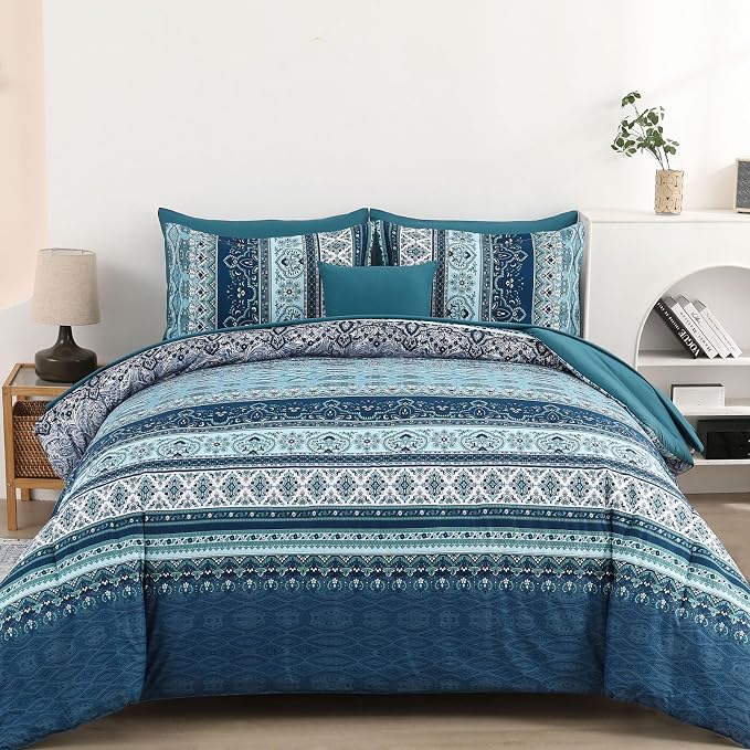 Cottolester Boho Full Size Comforter Set 8 Pieces, Teal Blue Comforter Bohemian Striped Bed in A Bag, Soft Microfiber Bedding Set for All Seasons