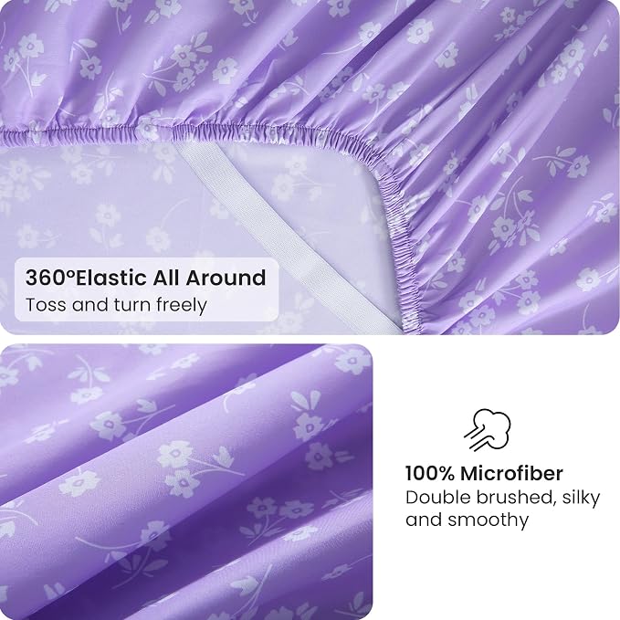 Viviland Full Sheet Set - 4 Piece Cute Purple and White Flower Patterned Bed Sheets - Soft, Breathable Microfiber Sheets with Deep Pocket, Non-Slip Fitted Sheets & Pillowcases