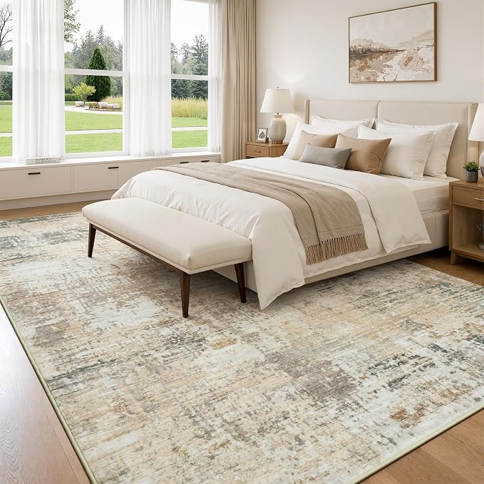 Rugflix 8x10 Area Rugs for Living Room, Washable Gold Beige Grey Large Rug | Machine Washable; Stain-Resistant; Low Pile; Non-Slip; Modern Abstract; Carpet for Bedroom Dining Office Nursery Home