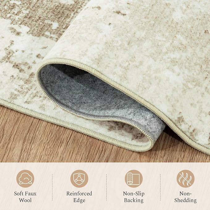Rugflix 5x7 Area Rugs for Living Room, Washable Linen Beige Large Rug | Machine Washable; Stain-Resistant; Low Pile; Non-Slip; Modern Abstract; Carpet for Bedroom Dining Office Nursery Home