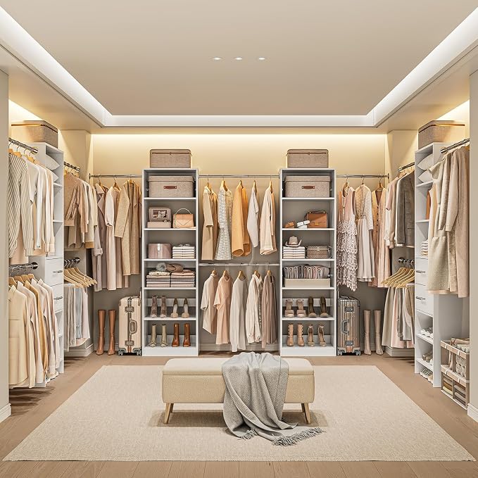 ONBRILL W1 3.5FT-7.7FT Closet System with 4 Chrome-Plated Telescopic Rods | Modular Closet Organizer System with 6 Adjustable Shelves, Custom Wood Walk-In & Reach-In Closet Organizer, Wall Mount, White