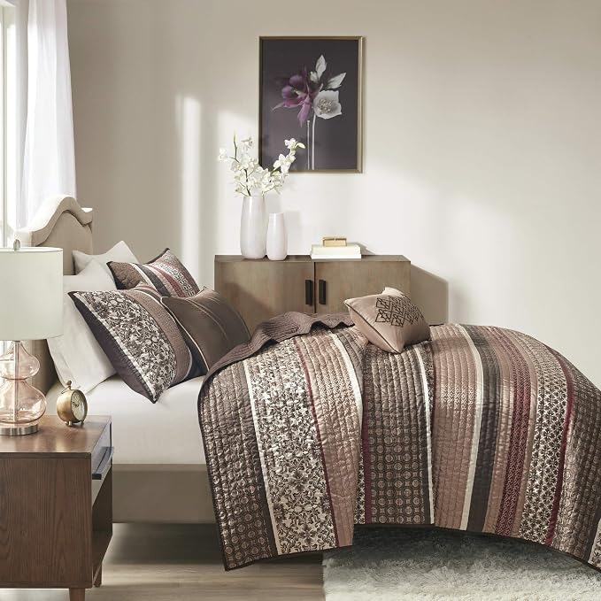 Madison Park Quilt Set Luxurious Jacquard Stripes Design - All Season, Coverlet Bedspread Lightweight Bedding Layer, Shams, Decorative Pillow, King/Cal King(104"x94"), Floral Red 5 Piece | All Season, Luxurious Coverlet Bedspread Lightweight Bedding La...