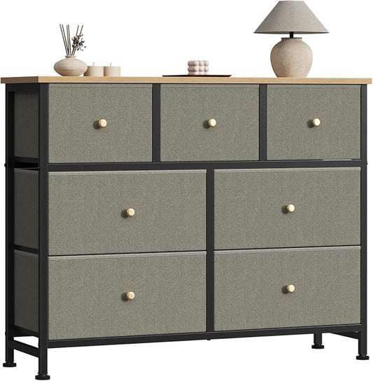 Sweetcrispy 7 Drawer Dresser for Bedroom Storage with Fabric Bin, Ink Green | Anti-Tip Closet Organizer, Wooden Top and Sturdy Steel Frame, Spacious Drawers for Clothes Storage, Hallway Entryway