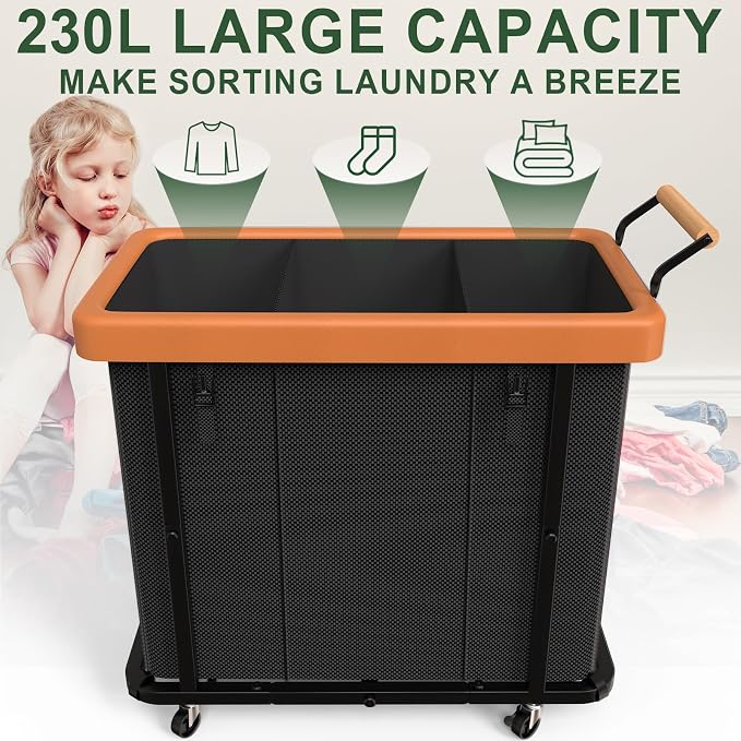 Laundry Hamper 3 Section with Lid,230L Rolling Dirty Clothes Hamper Black | Laundry Basket with Wheels,Laundry Organizer Storage Cart with Sturdy Metal Frame and Wooden Handle for Laundry Room, Hotel